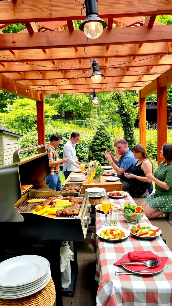 Outdoor barbecue under a pergola with grilled meats, vegetables, and guests enjoying a summer feast.